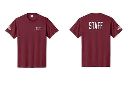 NYC Factory Staff T-Shirt, Condensed Lettering - Chest + Back + US Flag Sleeve - Cardinal