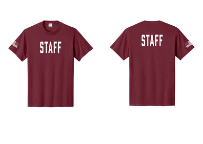 NYC Factory Staff T-Shirt, Condensed Lettering - Front + Back + US Flag Sleeve - Cardinal