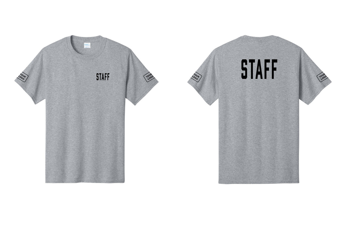 NYC Factory Custom Logo Staff T-Shirt, Condensed Lettering - Chest + Back + Your Logo Sleeves - Athletic Heather