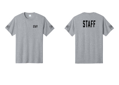 NYC Factory Custom Logo Staff T-Shirt, Condensed Lettering - Chest + Back + Your Logo Sleeves - Athletic Heather