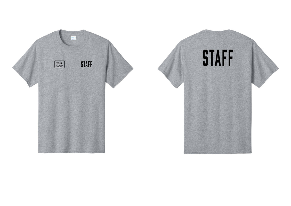 NYC Factory Custom Logo Staff T-Shirt, Condensed Lettering - STAFF + Your Logo + Back - Athletic Heather