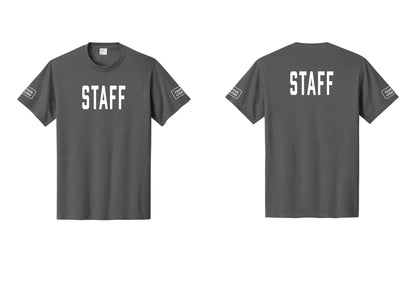NYC Factory Custom Logo Staff T-Shirt, Condensed Lettering - Front + Back + Your Logo Sleeves - Charcoal