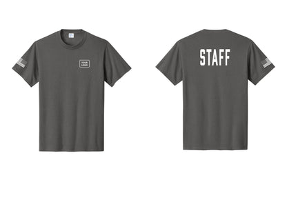 NYC Factory Custom Logo Staff T-Shirt, Condensed Lettering - Your Logo + Back + US Flag Sleeve - Charcoal