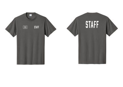 NYC Factory Custom Logo Staff T-Shirt, Condensed Lettering - STAFF + Your Logo + Back - Charcoal