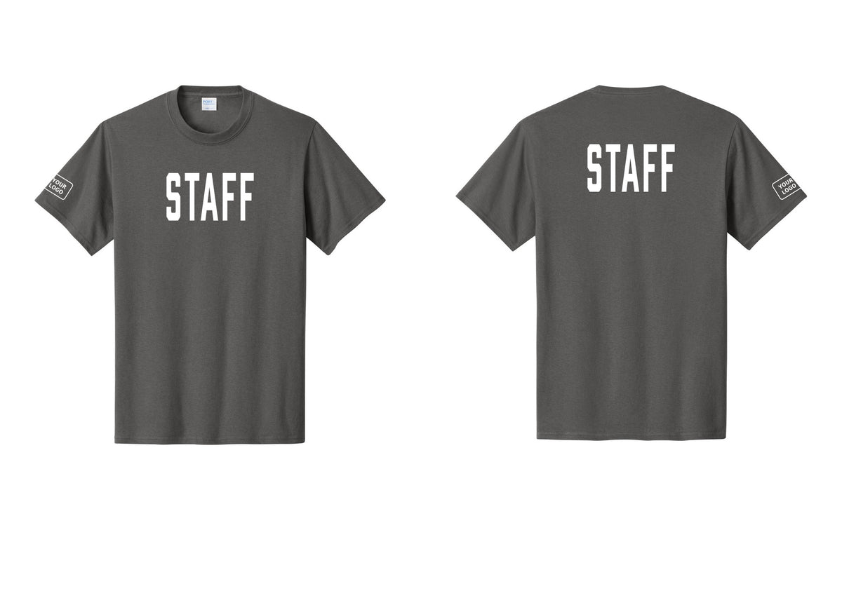 NYC Factory Custom Logo Staff T-Shirt, Condensed Lettering - Front + Back + Your Logo Sleeve - Charcoal