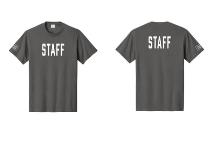 NYC Factory Custom Logo Staff T-Shirt, Condensed Lettering - Front + Back + Your Logo Sleeve - Charcoal