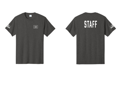NYC Factory Custom Logo Staff T-Shirt, Condensed Lettering - Your Logo + Back + US Flag Sleeve - Dark Heather Grey