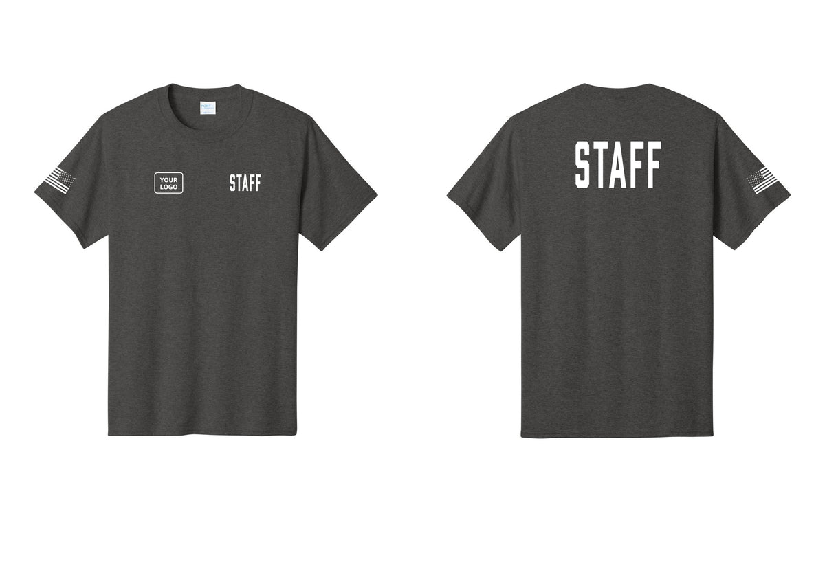NYC Factory Custom Logo Staff T-Shirt, Condensed Lettering - STAFF + Your Logo + Back + US Flag Sleeve - Dark Heather Grey