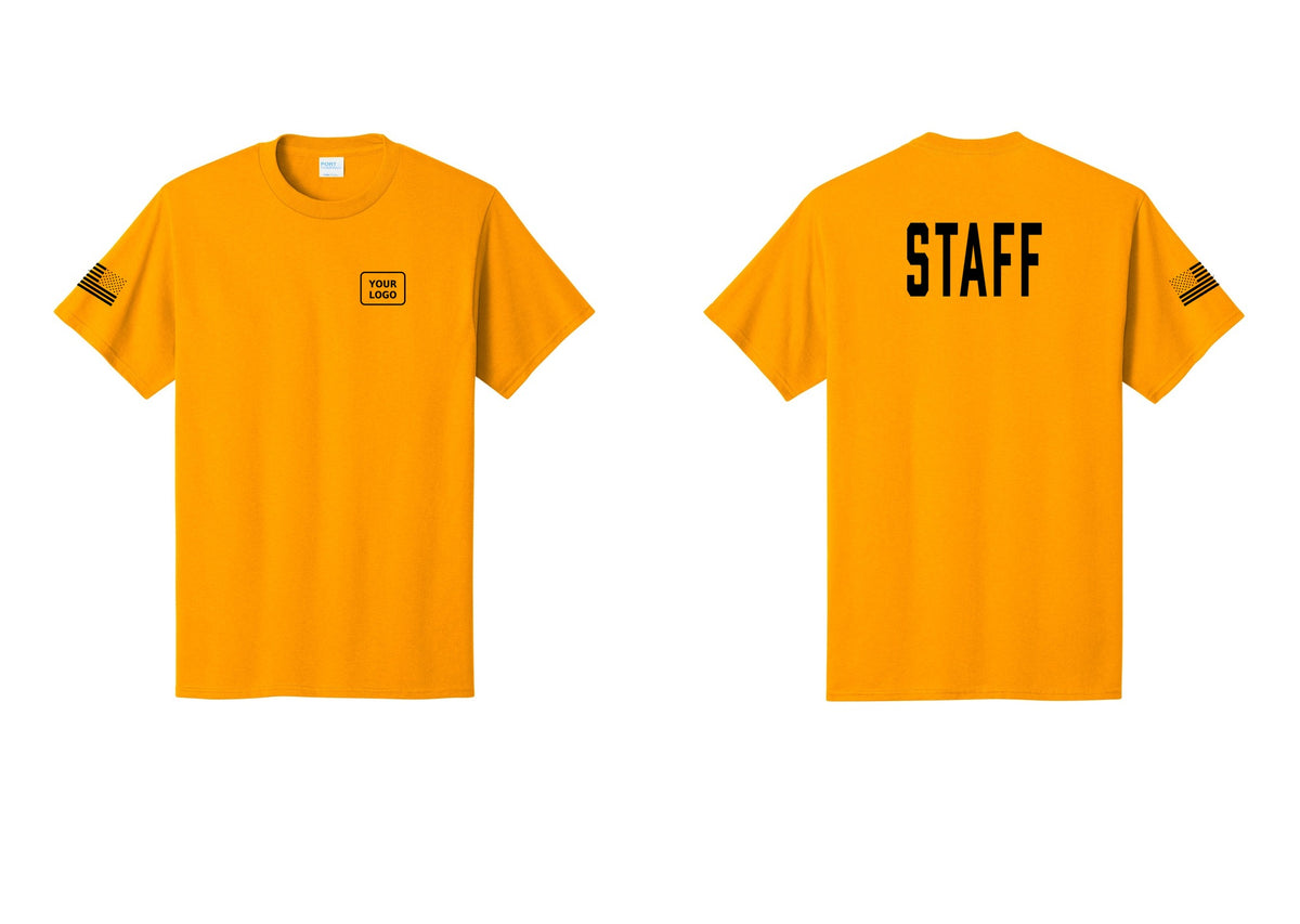 NYC Factory Custom Logo Staff T-Shirt, Condensed Lettering - Your Logo + Back + US Flag Sleeve - Gold