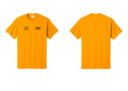 NYC Factory Custom Logo Staff T-Shirt, Condensed Lettering - STAFF + Your Logo - Gold