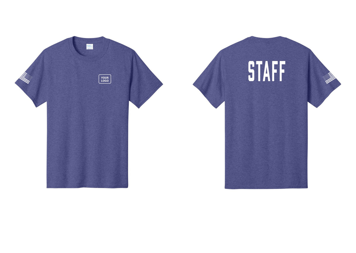 NYC Factory Custom Logo Staff T-Shirt, Condensed Lettering - Your Logo + Back + US Flag Sleeve - Heather Purple