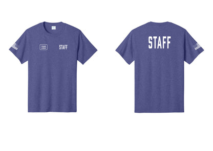 NYC Factory Custom Logo Staff T-Shirt, Condensed Lettering - STAFF + Your Logo + Back + US Flag Sleeve - Heather Purple