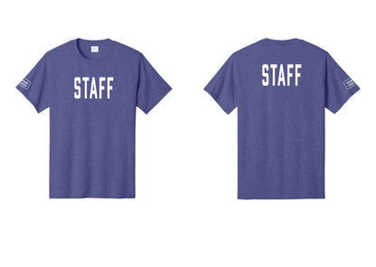 NYC Factory Custom Logo Staff T-Shirt, Condensed Lettering - Front + Back + Your Logo Sleeve - Heather Purple