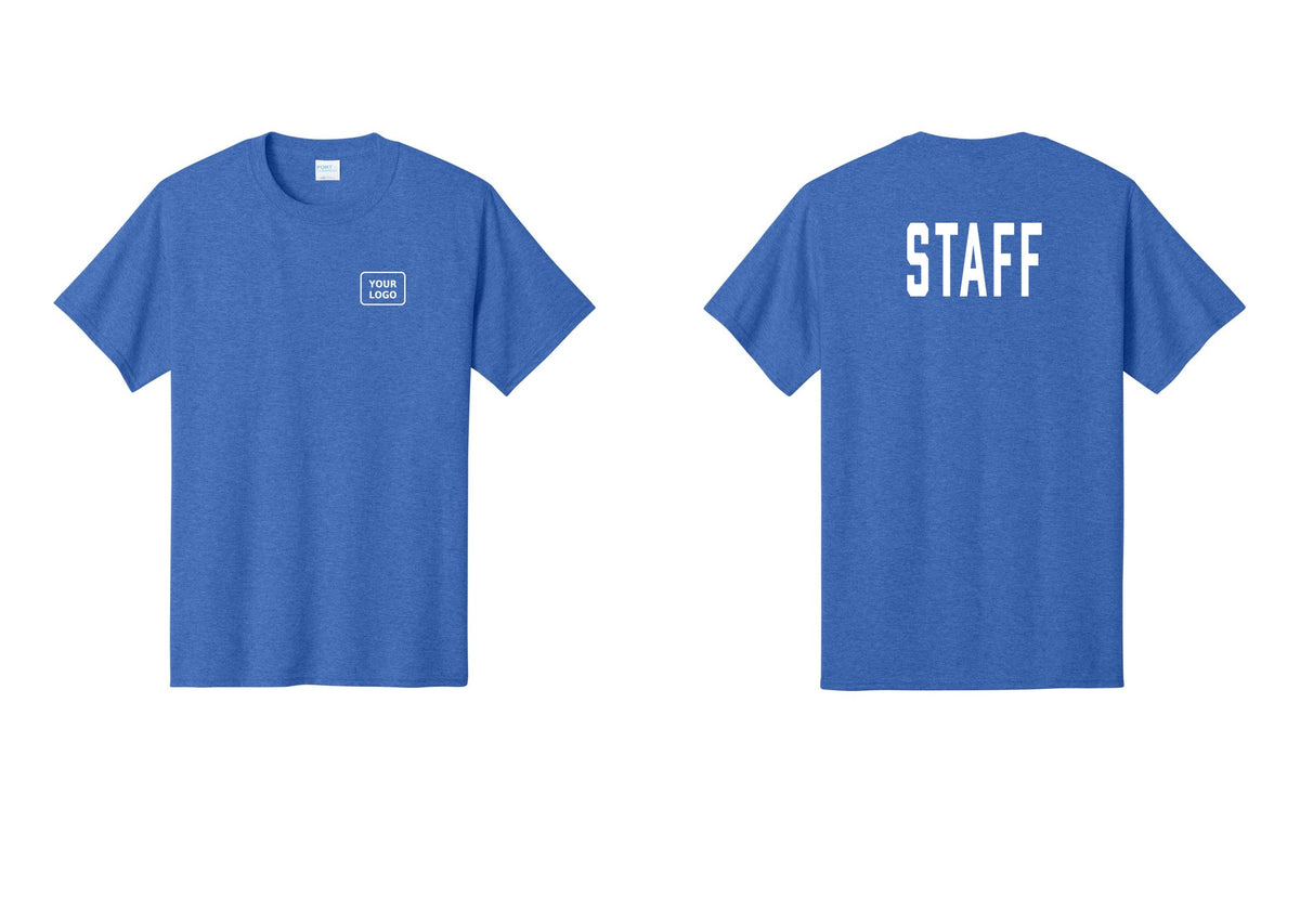 NYC Factory Custom Logo Staff T-Shirt, Condensed Lettering - Your Logo + Back - Heather Royal