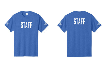 NYC Factory Custom Logo Staff T-Shirt, Condensed Lettering - Front + Back + Your Logo Sleeves - Heather Royal