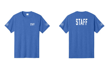 NYC Factory Custom Logo Staff T-Shirt, Condensed Lettering - Chest + Back + Your Logo Sleeves - Heather Royal