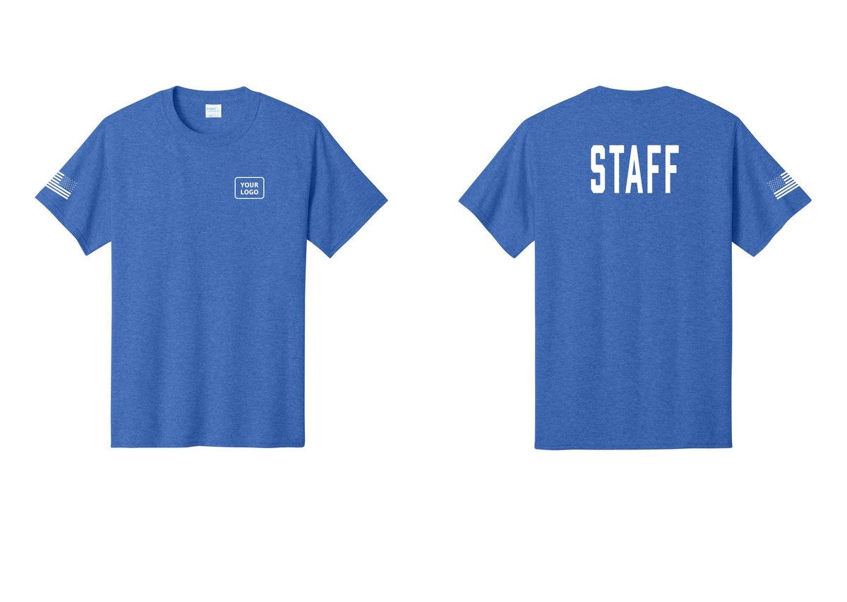 NYC Factory Custom Logo Staff T-Shirt, Condensed Lettering - Your Logo + Back + US Flag Sleeve - Heather Royal