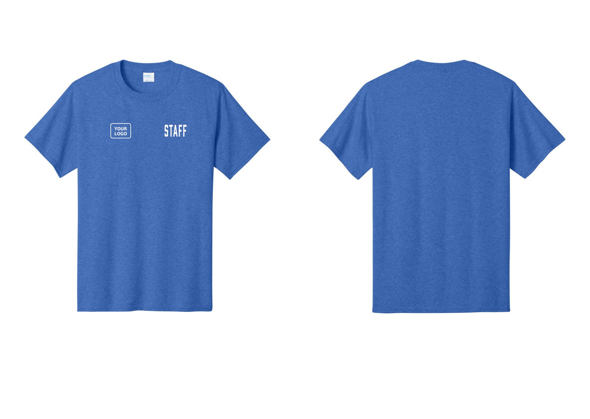 NYC Factory Custom Logo Staff T-Shirt, Condensed Lettering - STAFF + Your Logo - Heather Royal