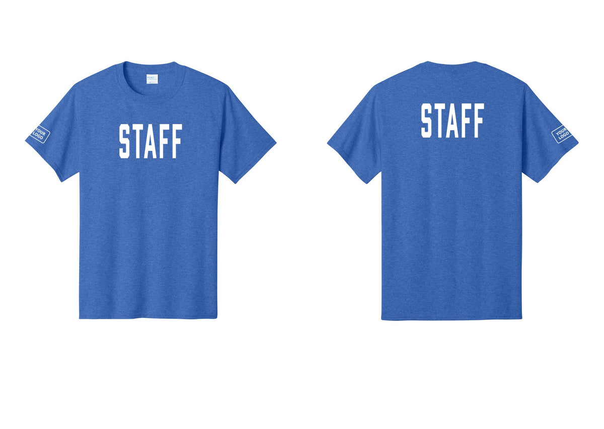 NYC Factory Custom Logo Staff T-Shirt, Condensed Lettering - Front + Back + Your Logo Sleeve - Heather Royal