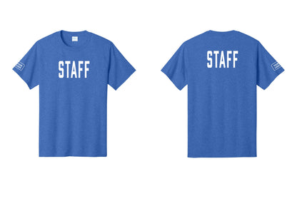 NYC Factory Custom Logo Staff T-Shirt, Condensed Lettering - Front + Back + Your Logo Sleeve - Heather Royal