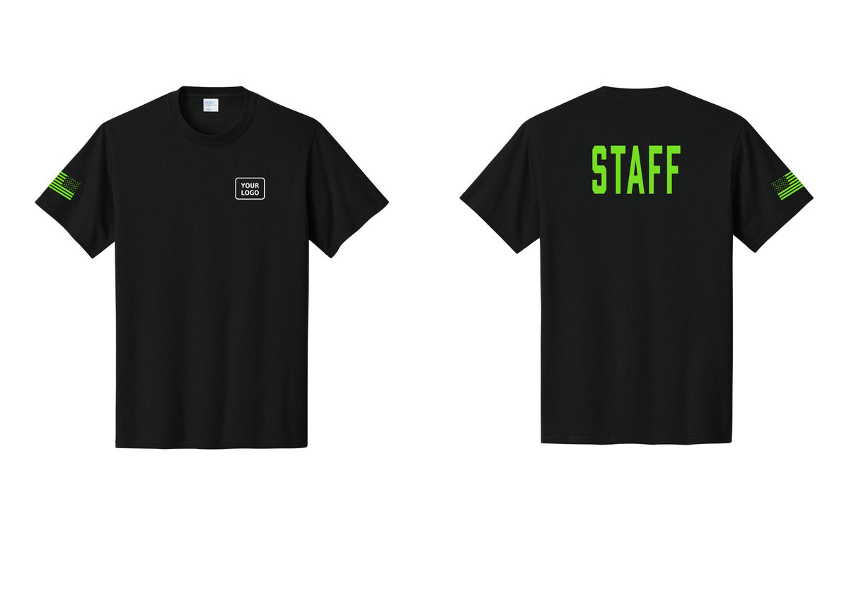 NYC Factory Custom Logo Staff T-Shirt, Condensed Lettering - Your Logo + Back + US Flag Sleeve - Black / Neon