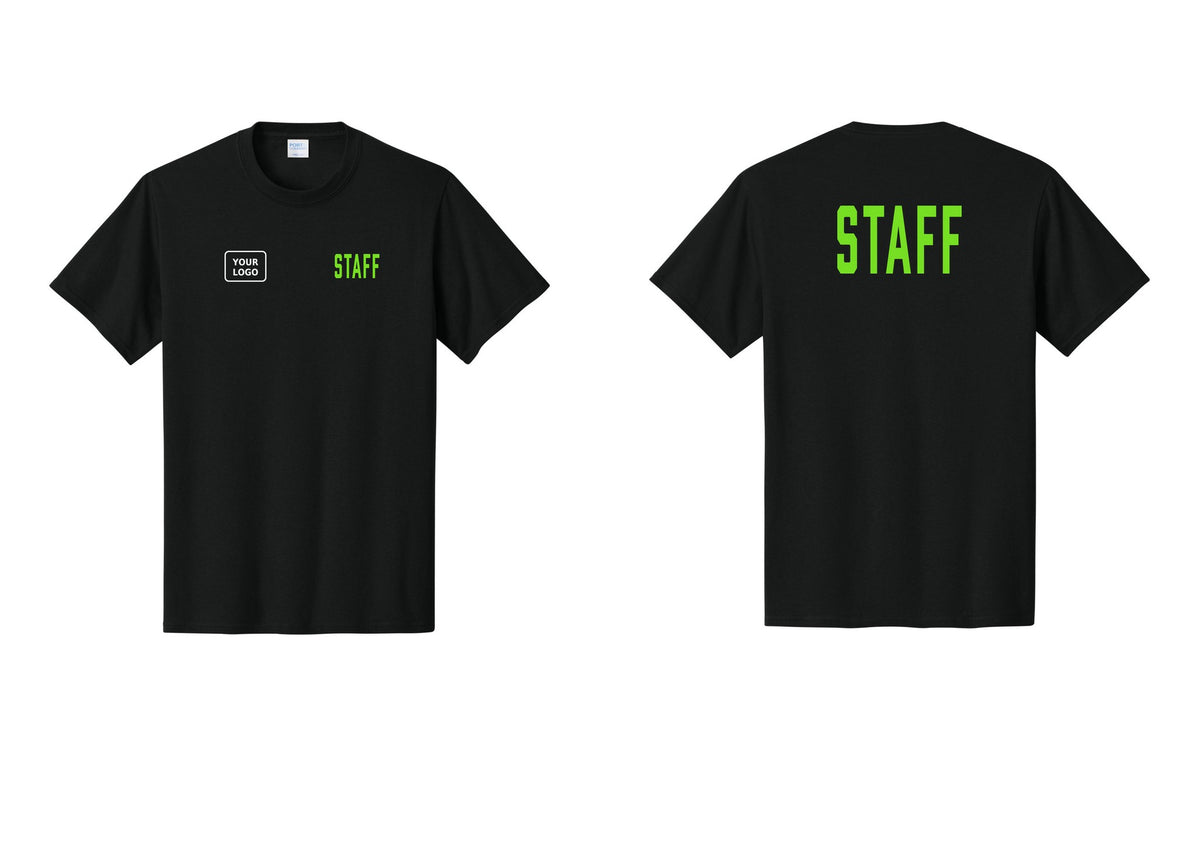 NYC Factory Custom Logo Staff T-Shirt, Condensed Lettering - STAFF + Your Logo + Back - Black / Neon