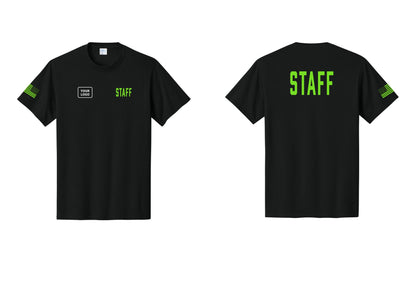 NYC Factory Custom Logo Staff T-Shirt, Condensed Lettering - STAFF + Your Logo + Back + US Flag Sleeve - Black / Neon