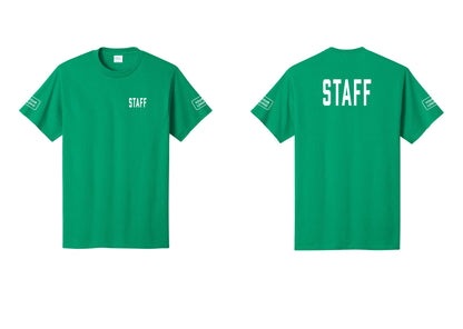 NYC Factory Custom Logo Staff T-Shirt, Condensed Lettering - Chest + Back + Your Logo Sleeves - Kelly