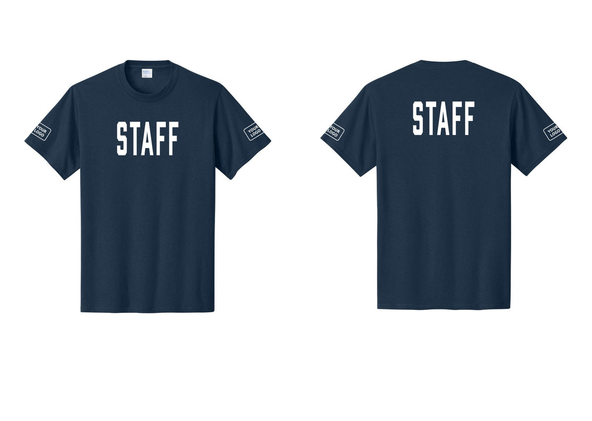 NYC Factory Custom Logo Staff T-Shirt, Condensed Lettering - Front + Back + Your Logo Sleeves - Navy