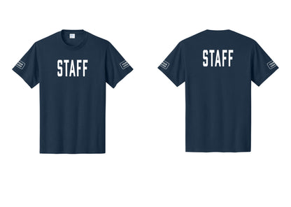 NYC Factory Custom Logo Staff T-Shirt, Condensed Lettering - Front + Back + Your Logo Sleeves - Navy