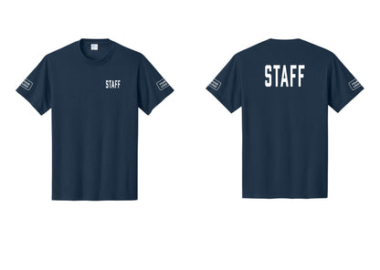 NYC Factory Custom Logo Staff T-Shirt, Condensed Lettering - Chest + Back + Your Logo Sleeves - Navy