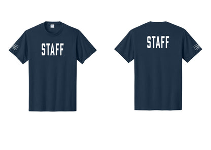 NYC Factory Custom Logo Staff T-Shirt, Condensed Lettering - Front + Back + Your Logo Sleeve - Navy