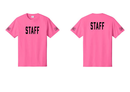 NYC Factory Custom Logo Staff T-Shirt, Condensed Lettering - Front + Back + Your Logo Sleeves - Neon Pink
