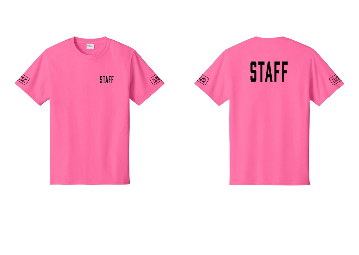 NYC Factory Custom Logo Staff T-Shirt, Condensed Lettering - Chest + Back + Your Logo Sleeves - Neon Pink