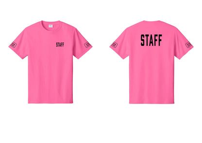 NYC Factory Custom Logo Staff T-Shirt, Condensed Lettering - Chest + Back + Your Logo Sleeves - Neon Pink