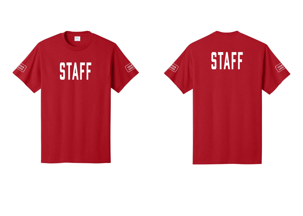 NYC Factory Custom Logo Staff T-Shirt, Condensed Lettering - Front + Back + Your Logo Sleeves - Red