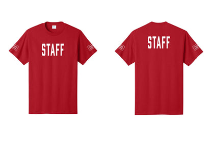 NYC Factory Custom Logo Staff T-Shirt, Condensed Lettering - Front + Back + Your Logo Sleeves - Red