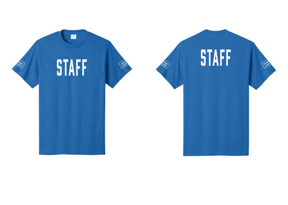NYC Factory Custom Logo Staff T-Shirt, Condensed Lettering - Front + Back + Your Logo Sleeves - Royal