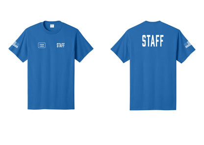 NYC Factory Custom Logo Staff T-Shirt, Condensed Lettering - STAFF + Your Logo + Back + US Flag Sleeve - Royal
