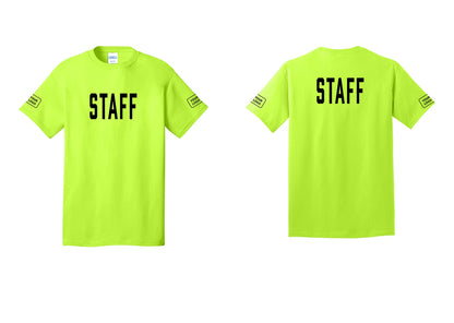 NYC Factory Custom Logo Staff T-Shirt, Condensed Lettering - Front + Back + Your Logo Sleeves - Safety Green