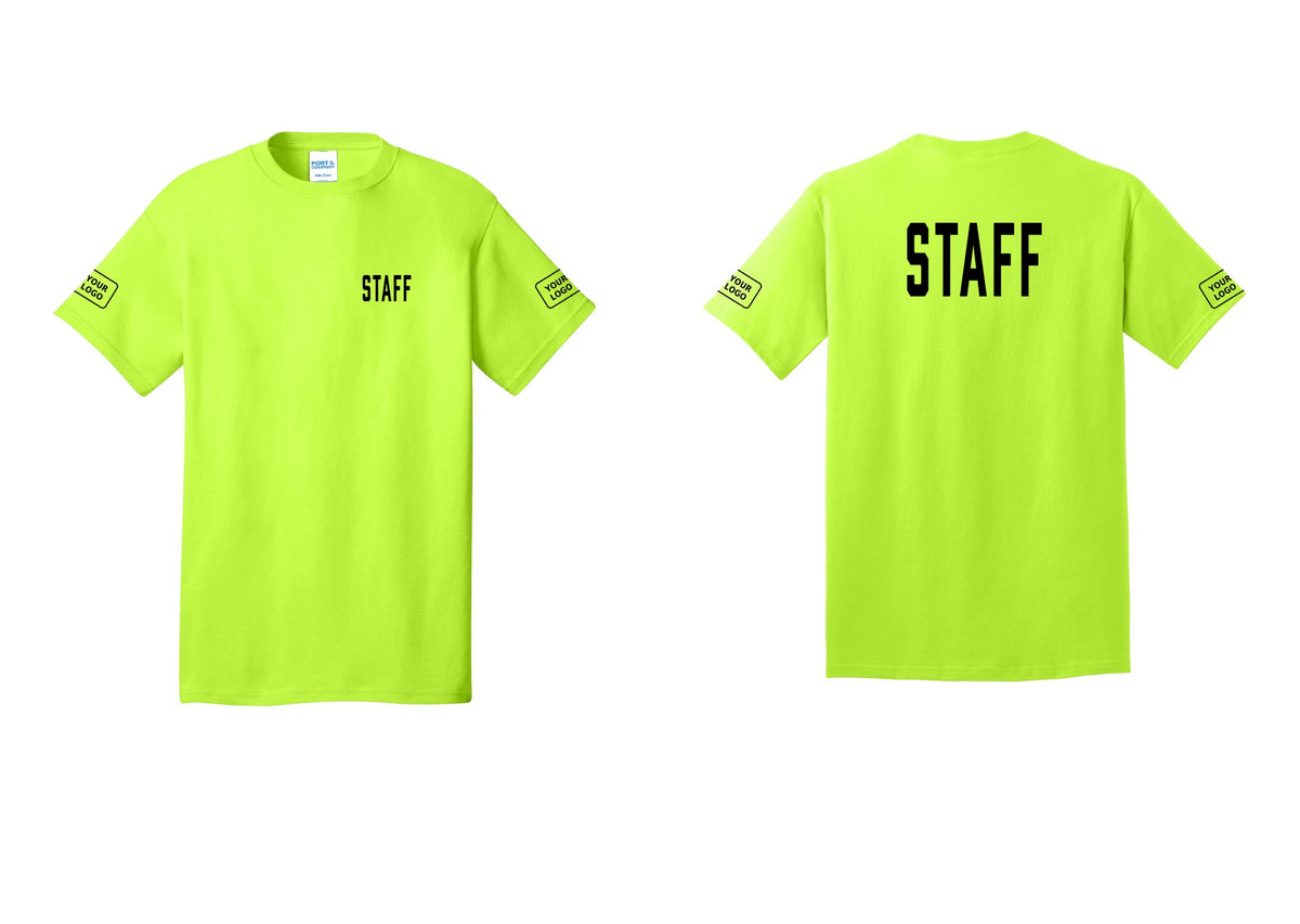 NYC Factory Custom Logo Staff T-Shirt, Condensed Lettering - Chest + Back + Your Logo Sleeves - Safety Green