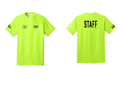 NYC Factory Custom Logo Staff T-Shirt, Condensed Lettering - STAFF + Your Logo + Back + US Flag Sleeve - Safety Green