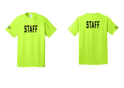 NYC Factory Custom Logo Staff T-Shirt, Condensed Lettering - Front + Back + Your Logo Sleeve - Safety Green
