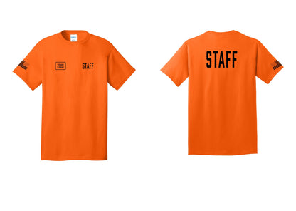 NYC Factory Custom Logo Staff T-Shirt, Condensed Lettering - STAFF + Your Logo + Back + US Flag Sleeve - Safety Orange