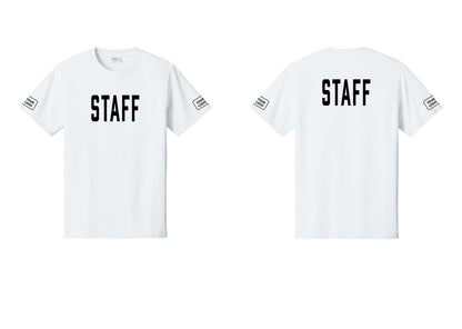 NYC Factory Custom Logo Staff T-Shirt, Condensed Lettering - Front + Back + Your Logo Sleeves - White