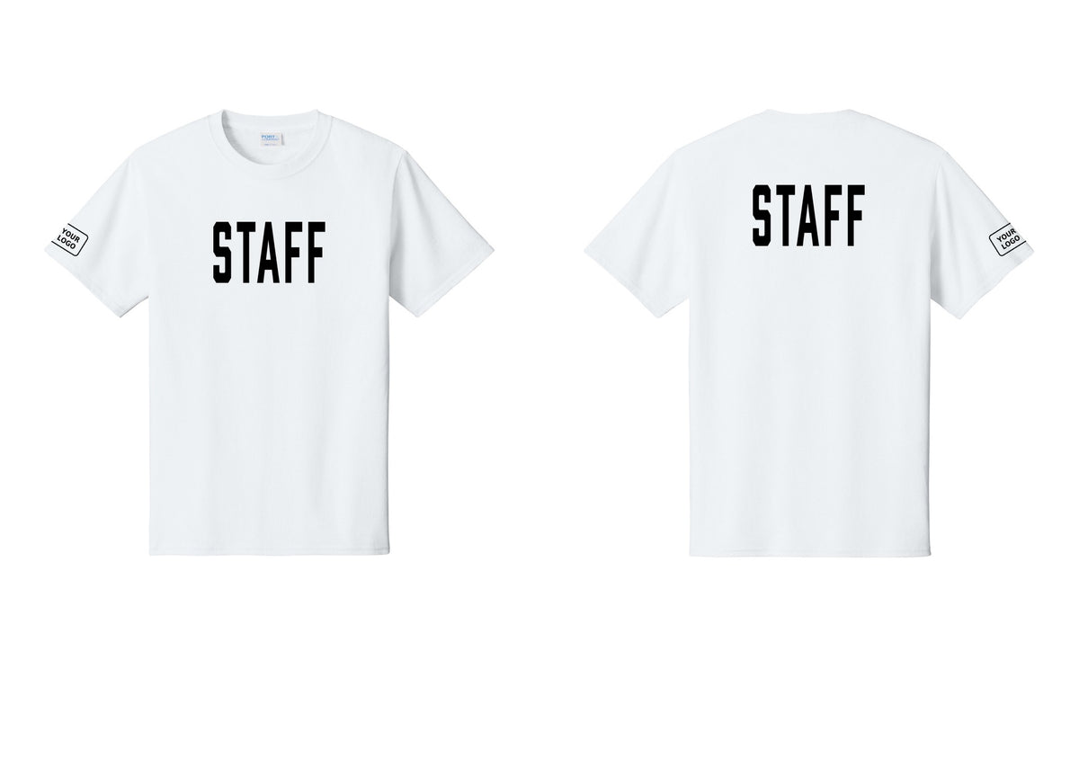 NYC Factory Custom Logo Staff T-Shirt, Condensed Lettering - Front + Back + Your Logo Sleeve - White