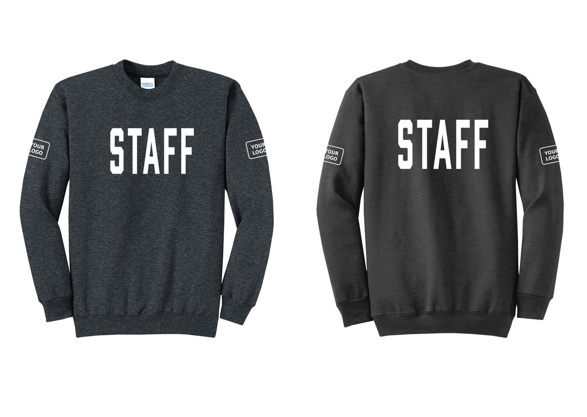 NYC Factory Custom Logo Staff Cotton Fleece Crewneck Sweatshirt (Classic) - Front + Back + Your Logo Sleeves - Dark Heather Grey