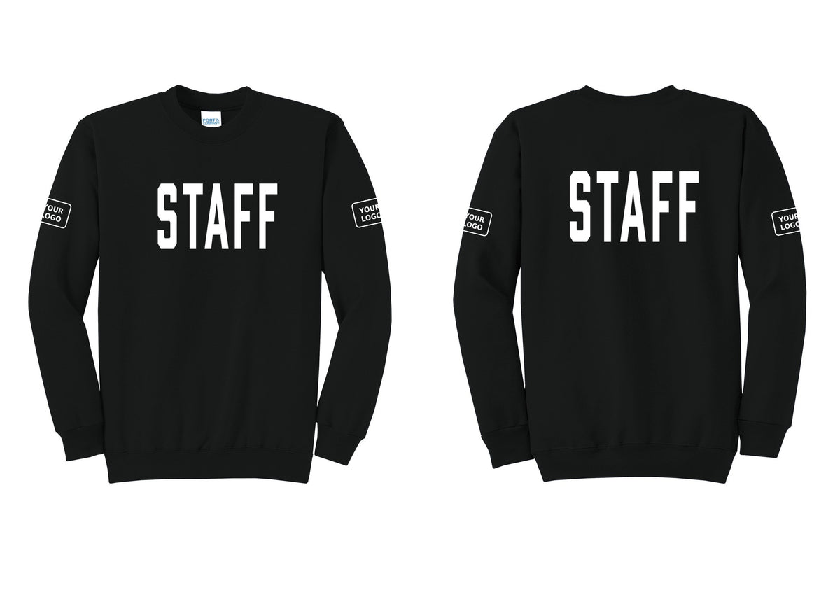 NYC Factory Custom Logo Staff Cotton Fleece Crewneck Sweatshirt (Classic) - Front + Back + Your Logo Sleeves - Black