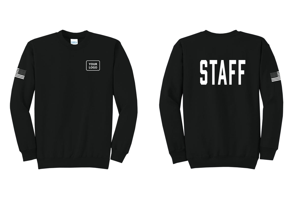 NYC Factory Custom Logo Staff Cotton Fleece Crewneck Sweatshirt (Classic) - Your Logo + Back + US Flag Sleeve - Black