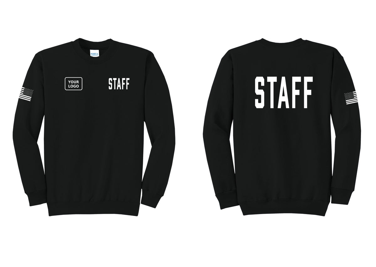 NYC Factory Custom Logo Staff Cotton Fleece Crewneck Sweatshirt (Classic) - STAFF + Your Logo + Back + US Flag Sleeve - Black